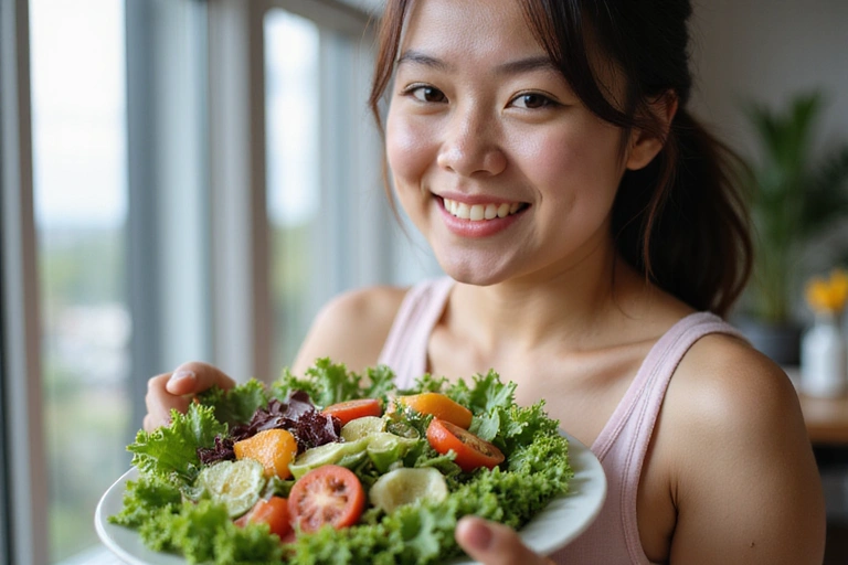 A person smiling while eating a healthy salad, representing optimal health and well-being.