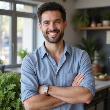 Professional portrait of Budi Santoso, a friendly and smiling nutritionist.