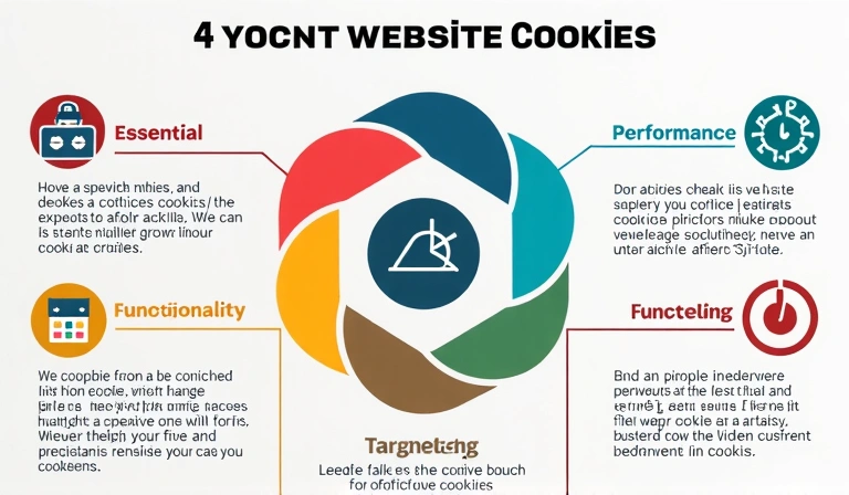 A vibrant infographic illustrating different types of cookies (essential, performance, functionality, targeting) with simple icons and brief descriptions, connected by lines to a central website icon.